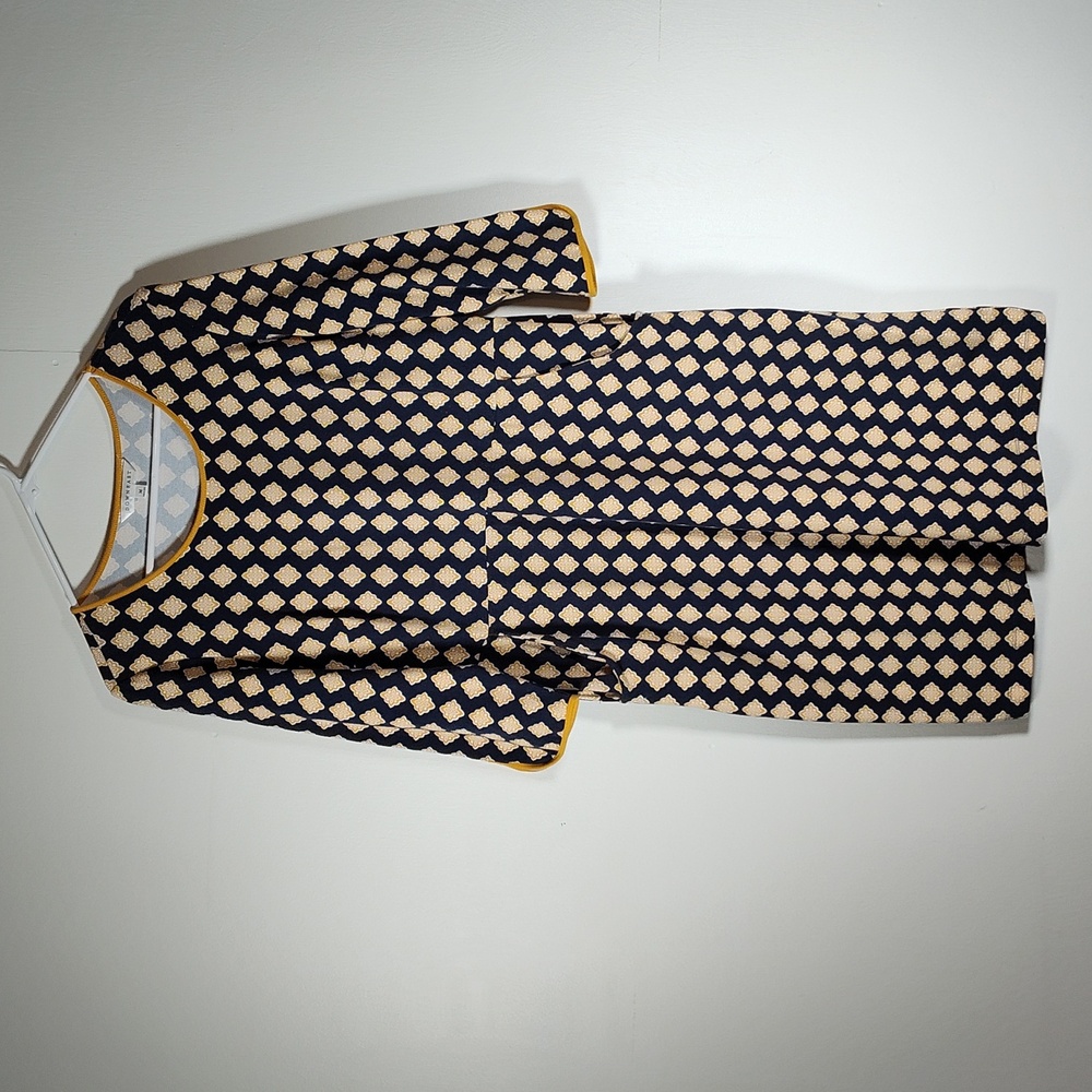 Downeast cotton modal navy with yellow medallion sheath dress M